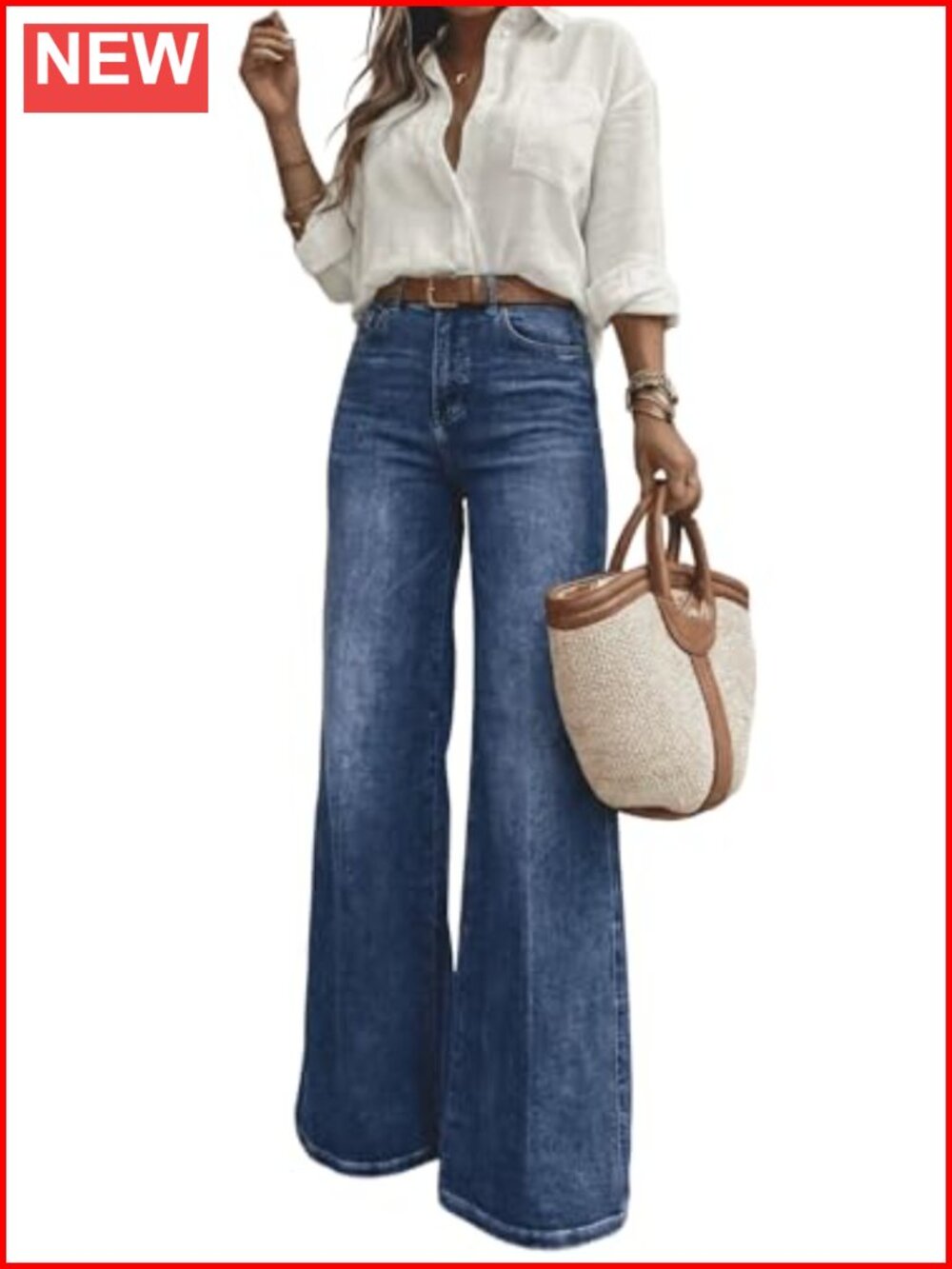 High Waisted Wide Leg Jeans 5-Pocket Denim Pants for Work